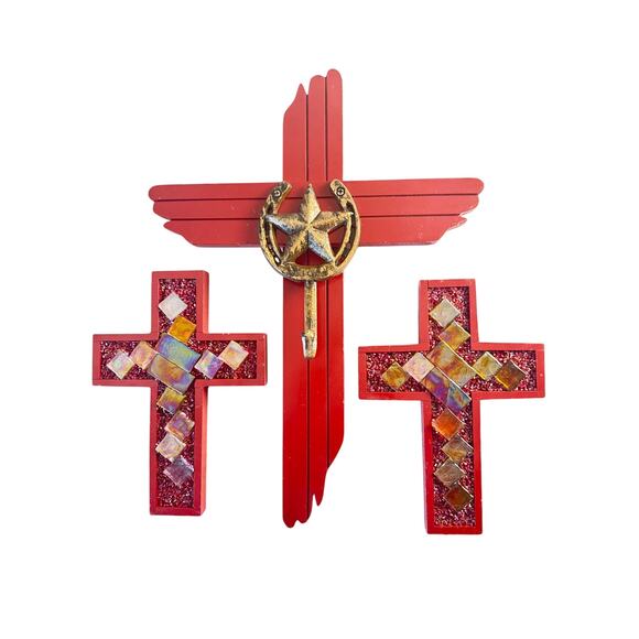 Set of 3 Western/Boho Cross Wall Decor – Red - Picture 1 of 7